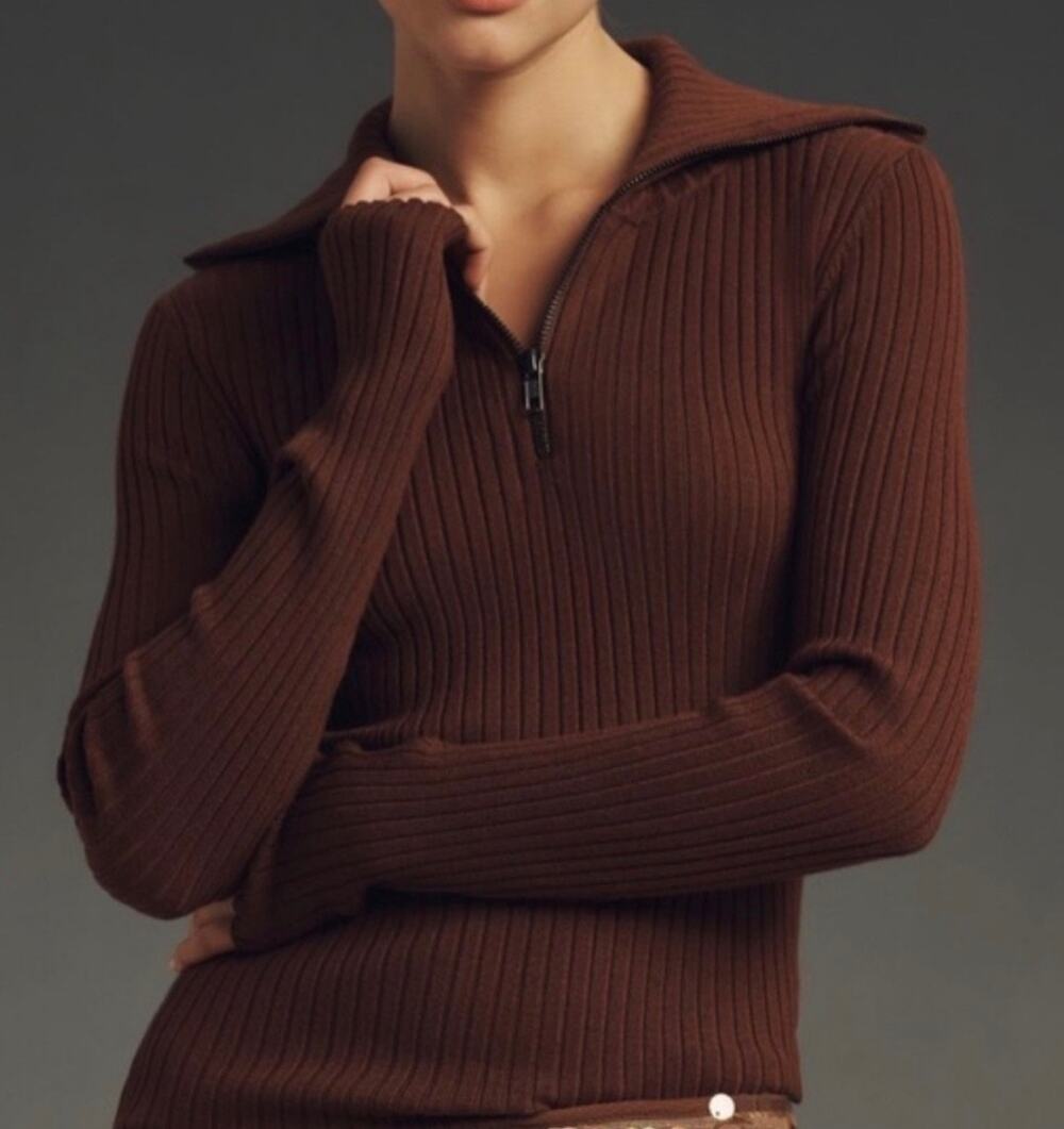 Anthropologie Maeve Fitted 1/2 Zip Sweater Rib Knit Chocolate Brown Women XL